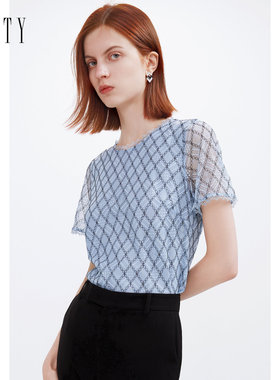 FINITY菲妮迪格纹雪纺衫夏季蓝色简约休闲气质减龄内搭小衫女