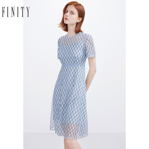 FINITY菲妮迪网格连衣裙夏季蓝色别致小众设计感减龄短袖裙子女