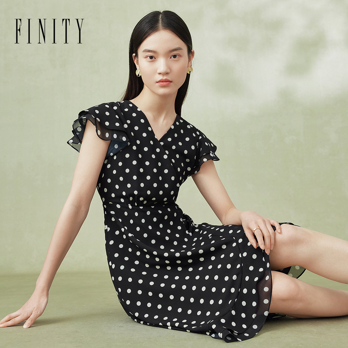 FINITY菲妮迪品牌连衣裙2024夏季设计感双层荷叶袖法式波点裙子女