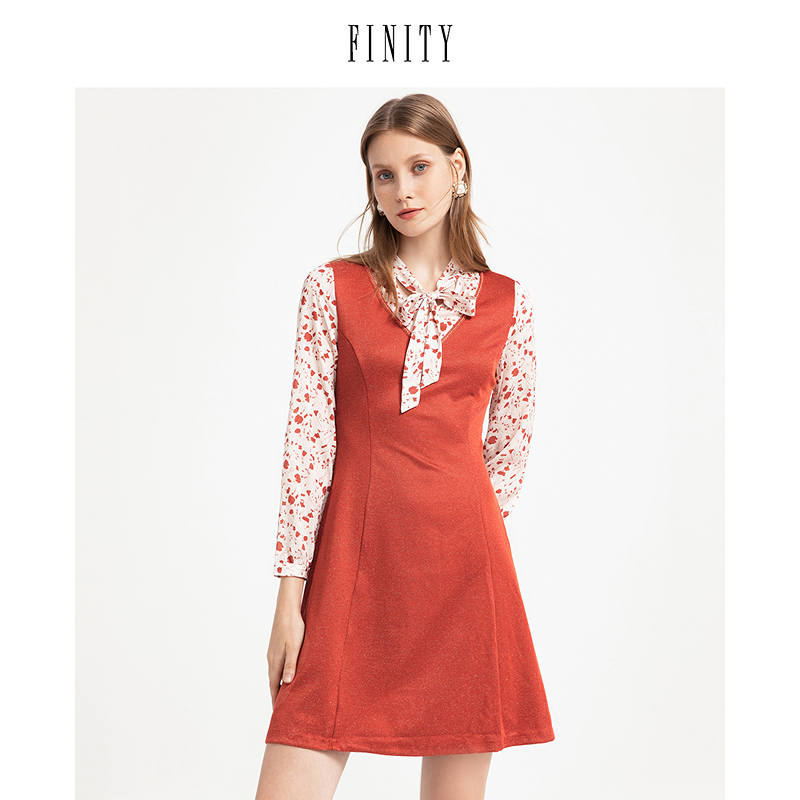 FINITY2024年秋装气质连衣裙女V领显瘦假两件中长款裙子女