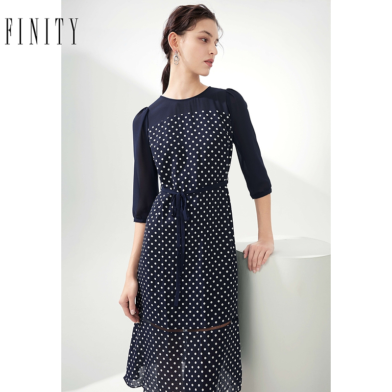 FINITY2024年秋装印花拼接连衣裙女收腰气质修身中长款裙子女