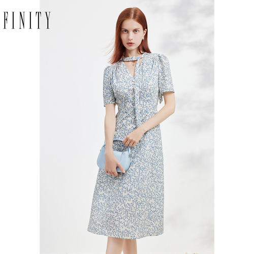 FINITY菲妮迪品牌连衣裙简约气质丝带领时尚设计感短袖裙