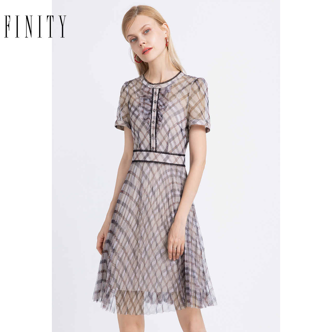 FINITY菲妮迪夏装蕾丝连衣裙女收腰圆领单排扣显瘦气质裙子女