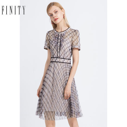 FINITY菲妮迪夏装蕾丝连衣裙女收腰圆领单排扣显瘦气质裙子女