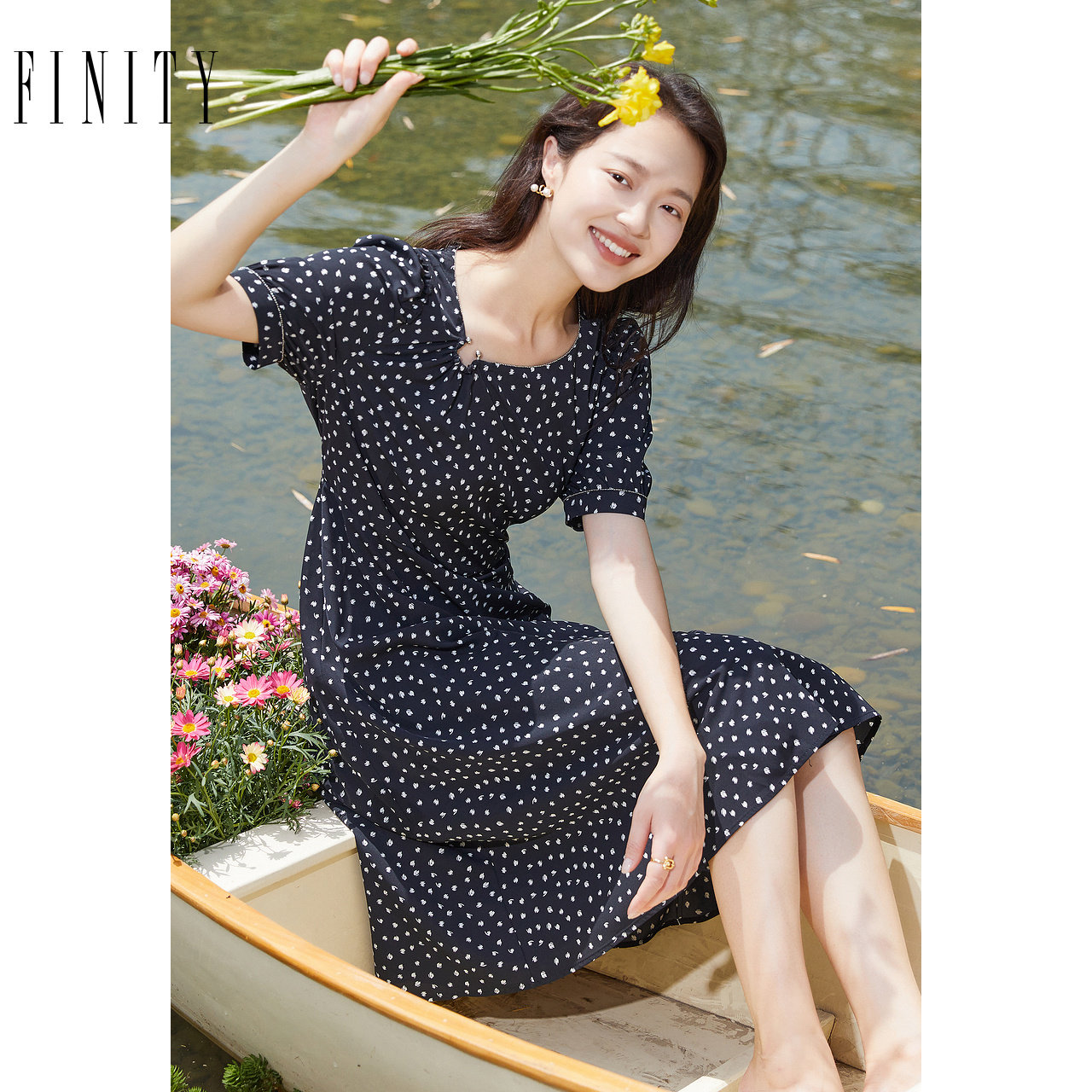 FINITY菲妮迪品牌连衣裙夏季 简约气质波点印花时尚短袖A字裙