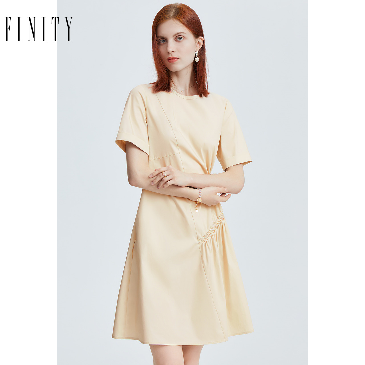 FINITY菲妮迪品牌连衣裙夏季 简约设计感抽褶时尚短袖A字裙女