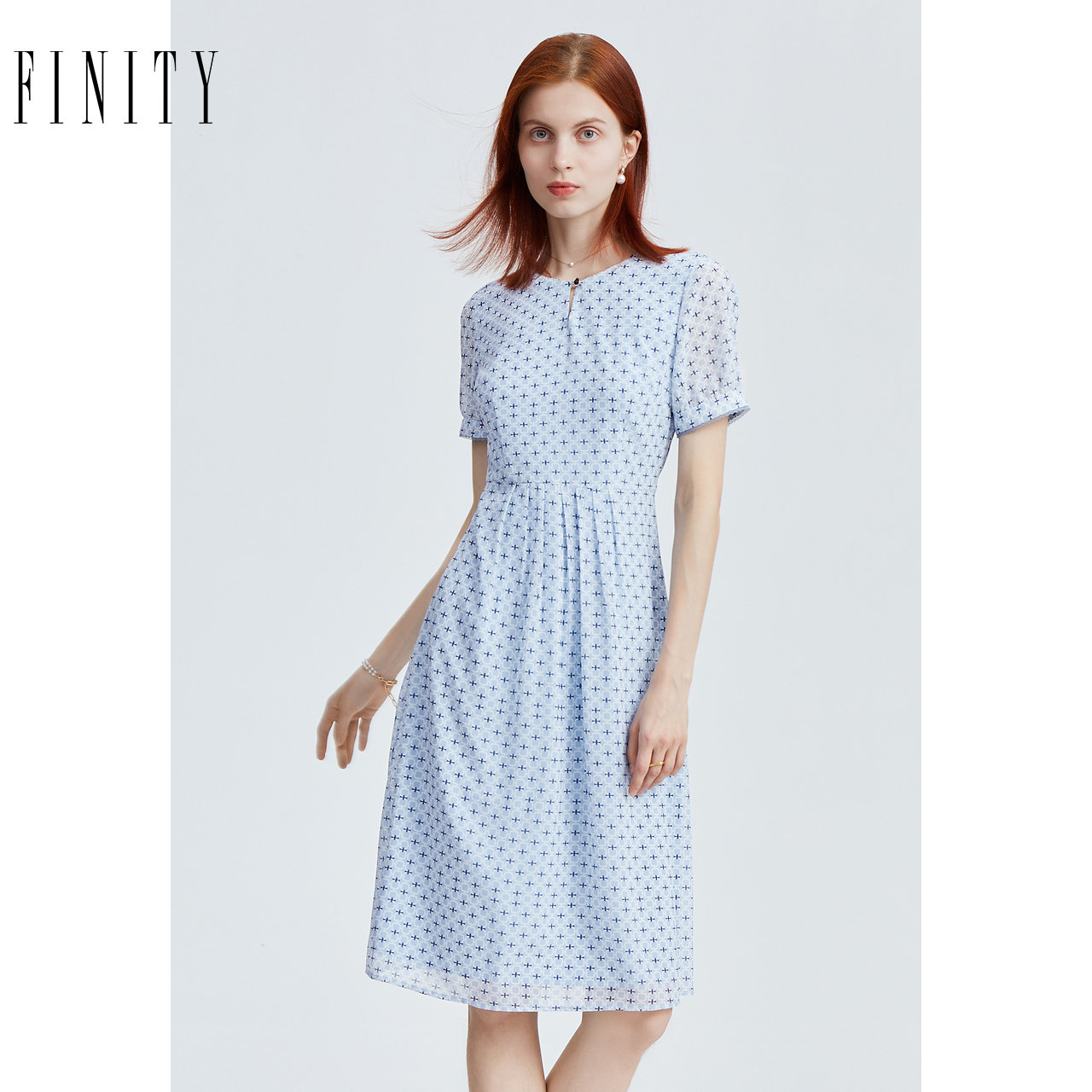 FINITY菲妮迪品牌连衣裙夏季 简约气质印花休闲显瘦短袖A字裙