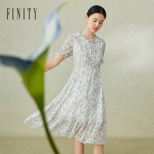 FINITY菲妮迪连衣裙2024夏季法式米底印花荷叶袖气质碎花裙子女
