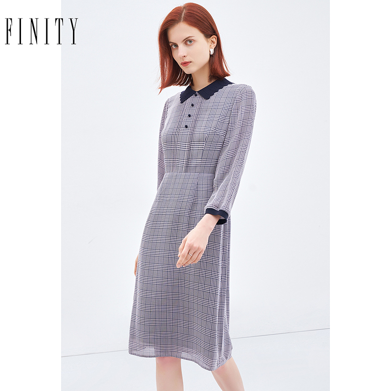 FINITY2024秋季连衣裙印花法式高级温柔气质长袖中长款裙子女