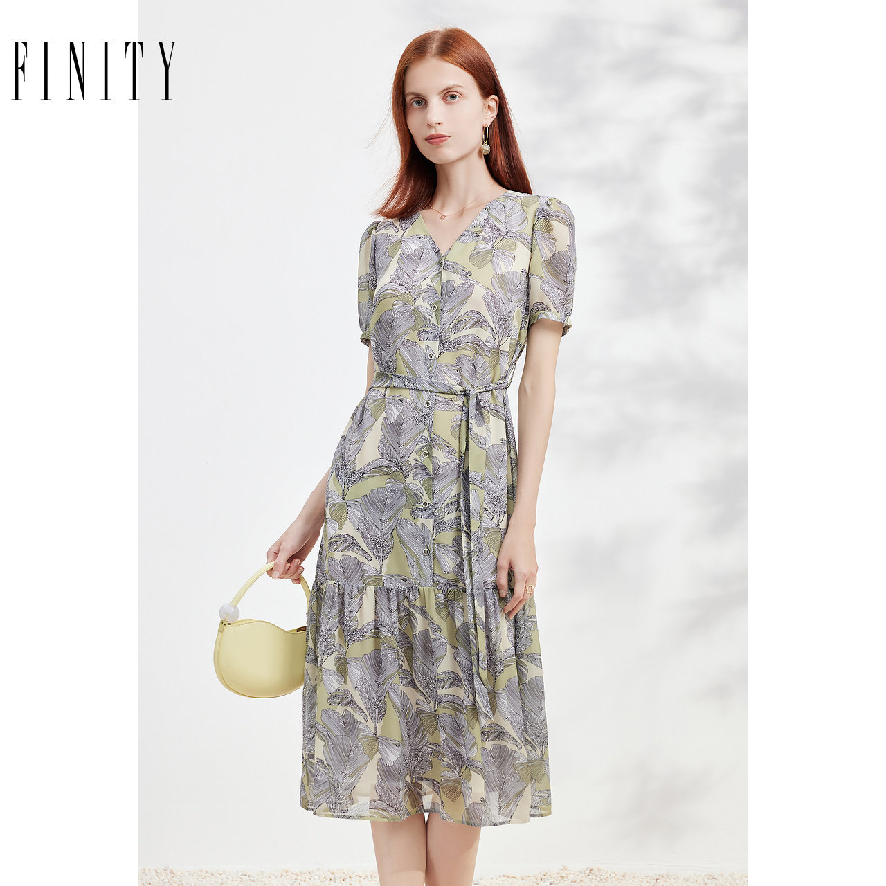 FINITY菲妮迪品牌女装夏季 高端精致气质裙子V领显瘦印花连衣裙