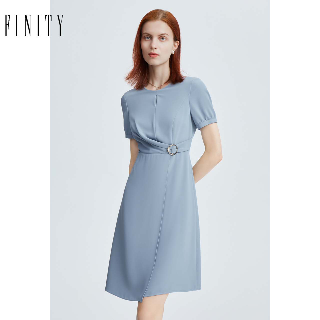FINITY菲妮迪品牌连衣裙夏季 简约时尚抽褶设计感短袖A字裙女