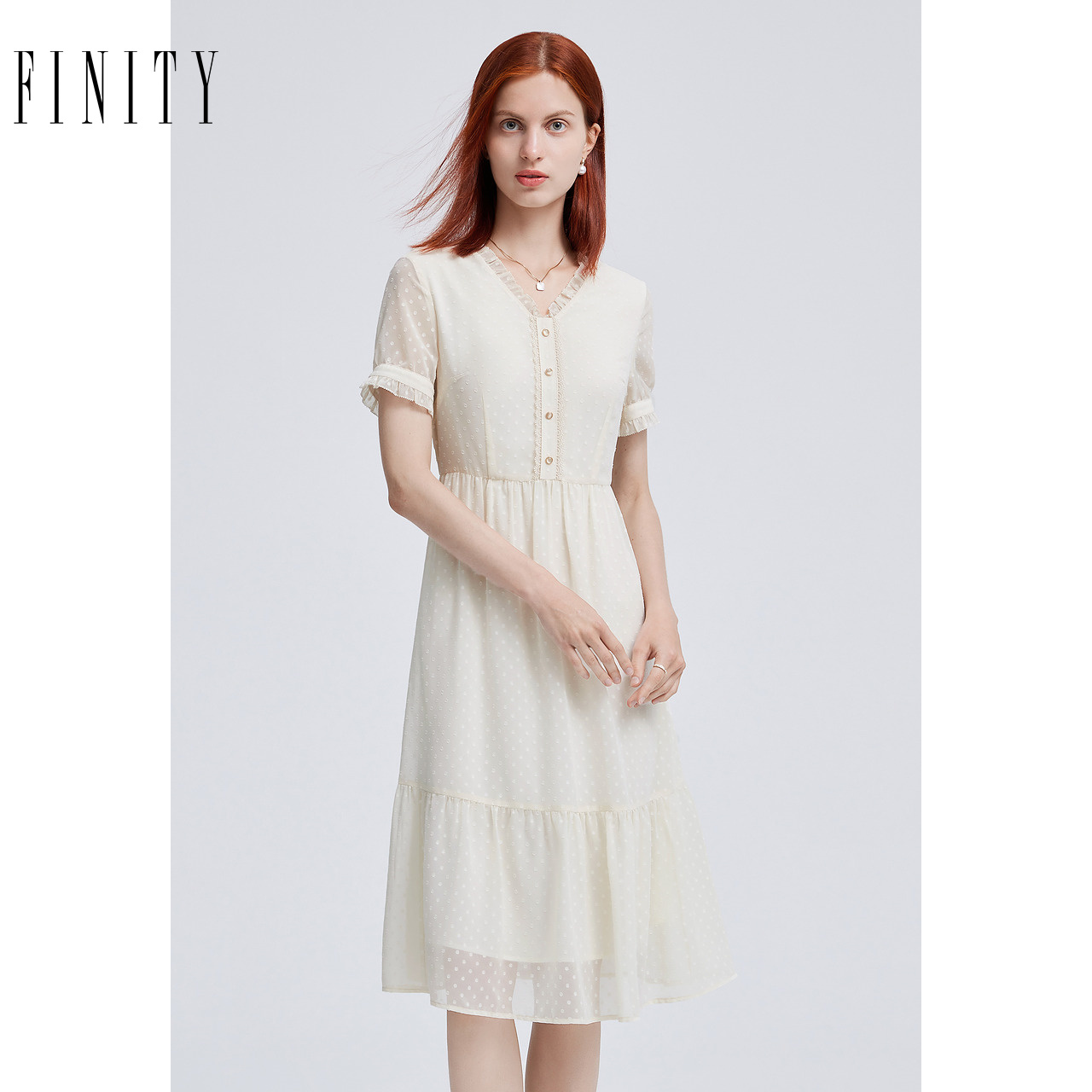 FINITY菲妮迪品牌连衣裙夏季 简约气质温柔风短袖花边A字裙女