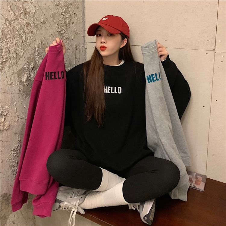 Real shot real price ~ Korean loose front and back letter embroidered velvet sweater~