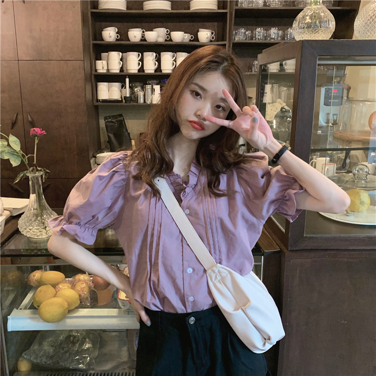 Real price ~ Korean version ins small fresh ear edge pleated shirt~