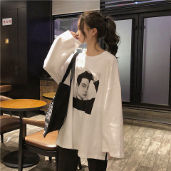 Real price ~ Korean loose printed round neck long sleeve cotton T-shirt ~ detected