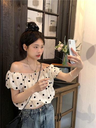 Real price Korean summer bubble sleeve wave point Chiffon gentle super fairy off shoulder short sleeved shirt