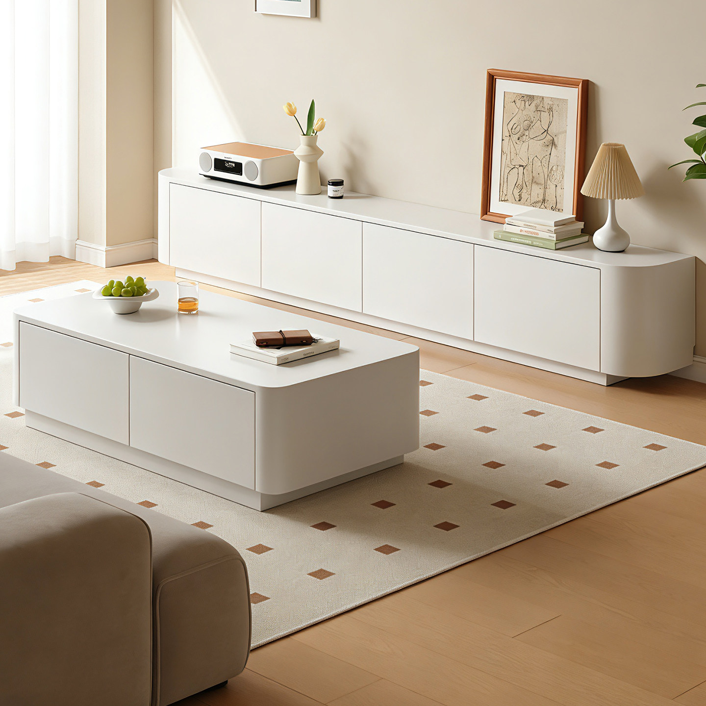 实木电视柜茶几组合客厅落地收纳储物柜一体小户型岩板电视机柜