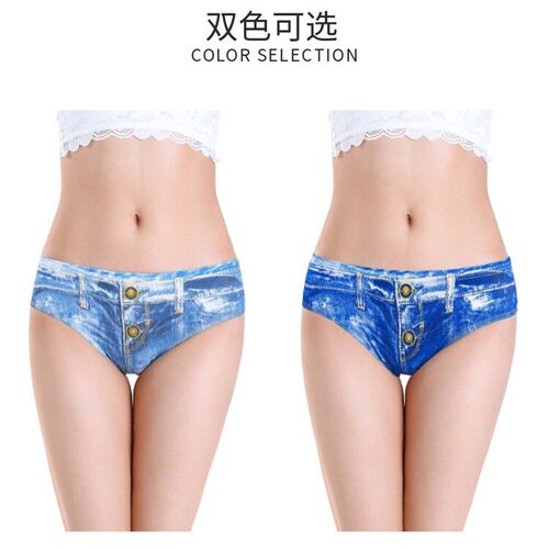 欧美风格3D立体个性印花牛仔纹内裤女士纯棉透气三角裤温泉浴池裤