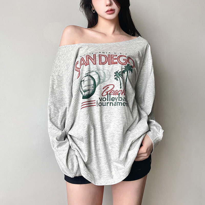 美式复古oversize慵懒风图案印花宽松显瘦露肩长袖卫衣斜肩t恤女
