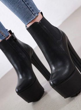 马丁靴2019冬季新款女鞋恨天高加绒防水台超高跟粗跟短靴春秋短靴