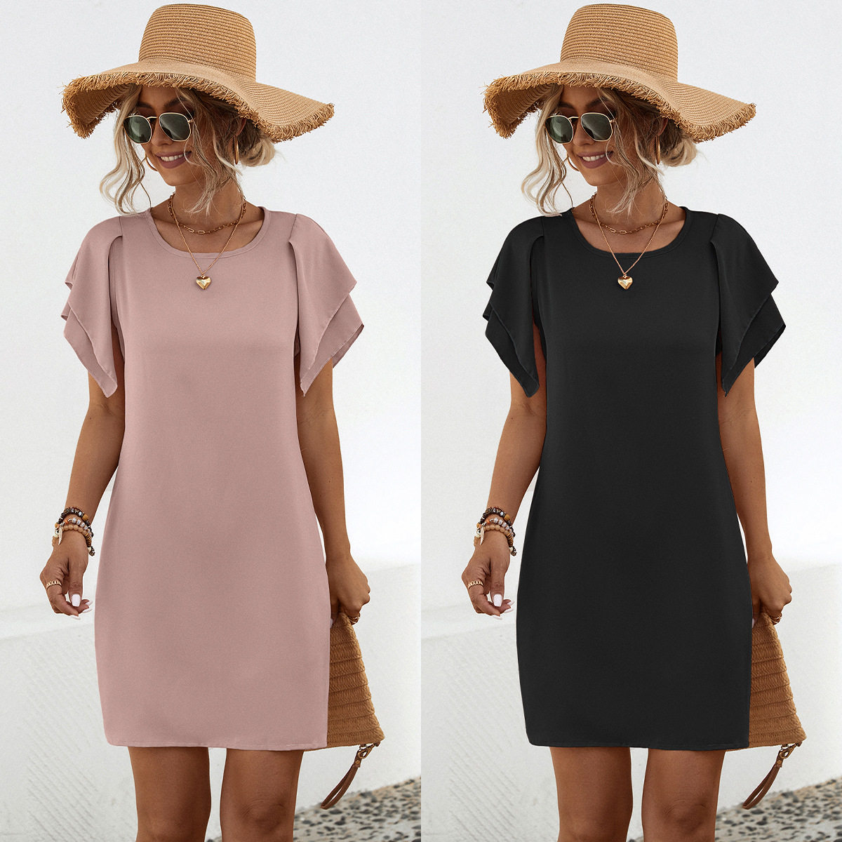 Solid color double layered ruffle sleeve dress双层荷叶袖中裙