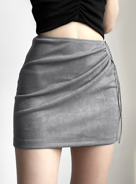美式复古单边抽绳设计感小众显瘦包臀短裙女高腰灰色辣妹半身裙