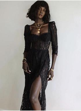 Sexy square neck lace split black dress 性感方领黑色蕾丝长裙