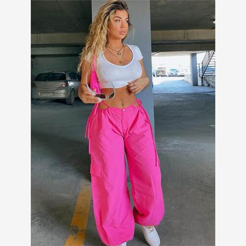 欧美高腰直筒工装裤长裤休闲裤女 Casual Cargo Pants Trousers