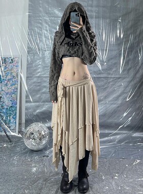 沙丘废土风沙漠穿搭复古灰色手工磨破连帽T恤女显瘦短款jazz上衣