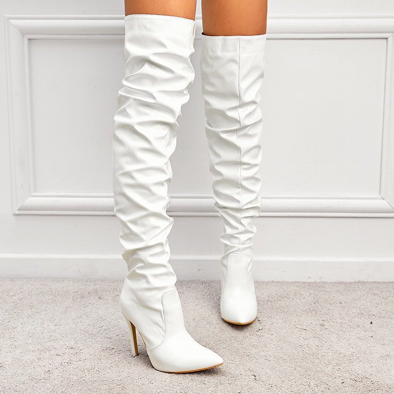 秋欧美尖头漆皮高筒拉链细高跟女弹力过膝堆堆长靴Fashion boots