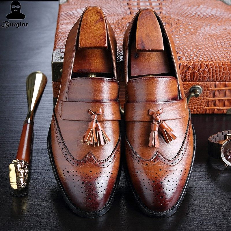 Big Size 37-48 Men Leather Loafers Tassel Brogue Dress Shoes