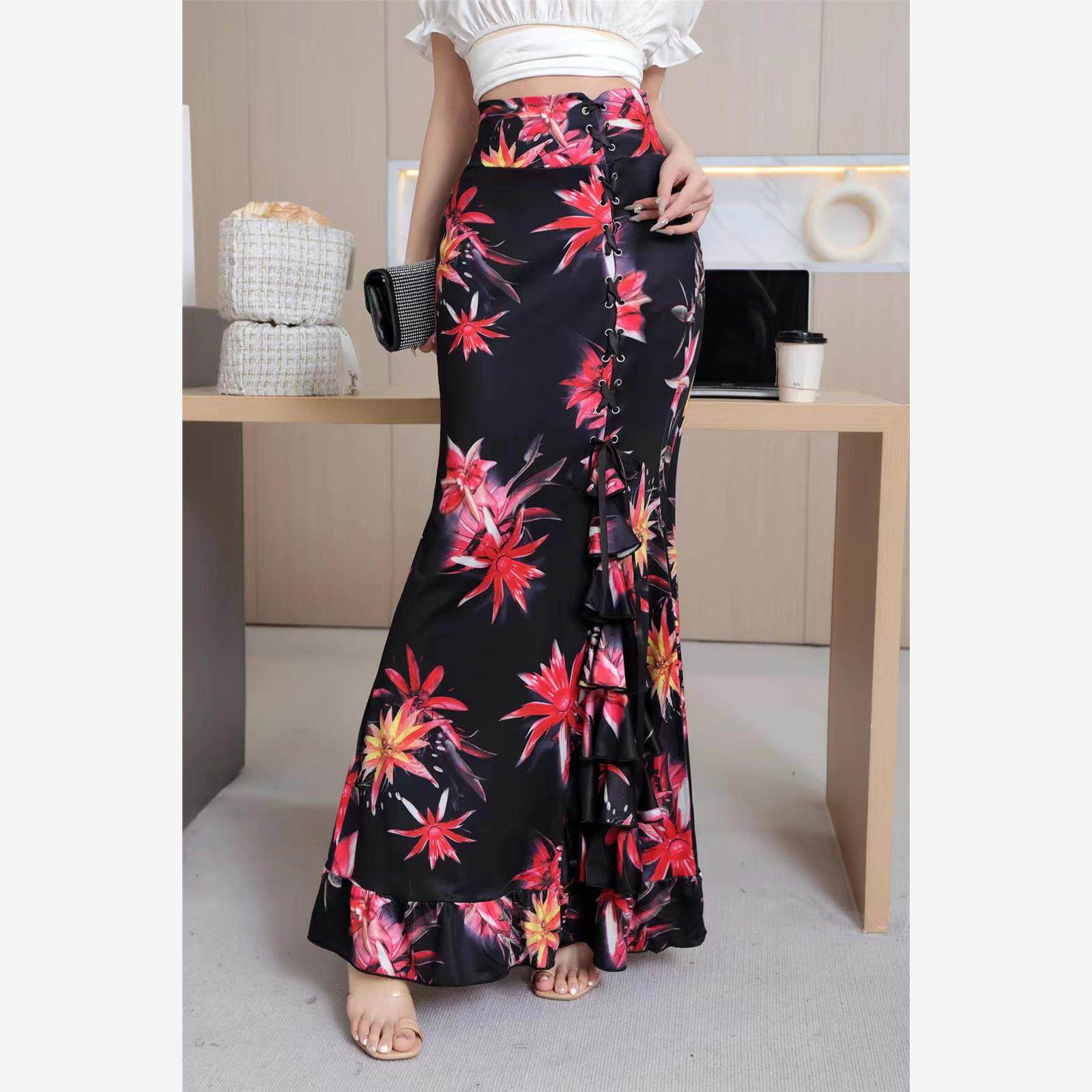 Mid length slimming wrap hip skirt with split fishtail skirt