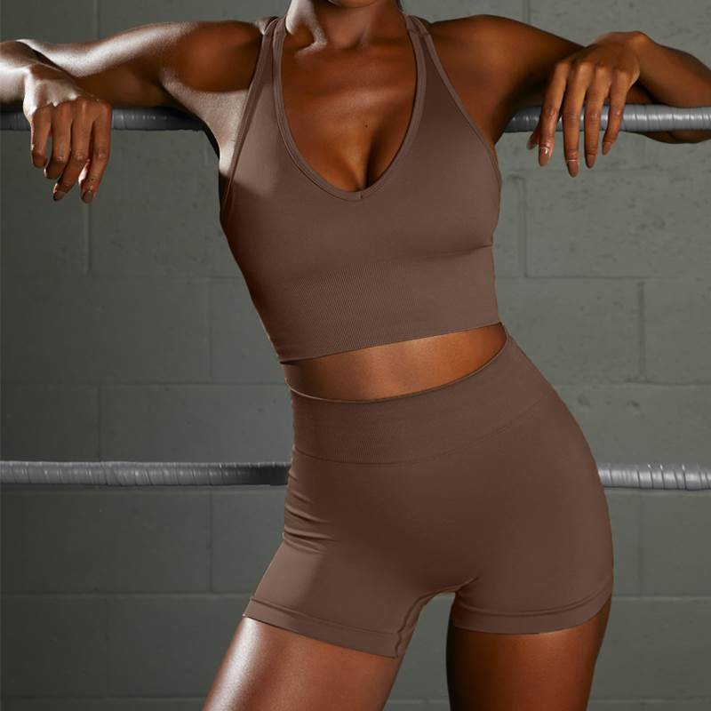 push up gym suit Women v neck Bra Shorts Seamless Yoga Sets