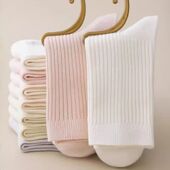 韩系中筒袜子女士纯色休闲长腰竖条纹堆堆吸汗防臭春秋款 美腿月子