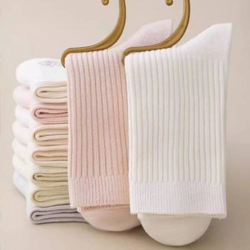 韩系中筒袜子女士纯色休闲长腰竖条纹堆堆吸汗防臭春秋款美腿月子