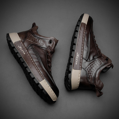 加绒男鞋真皮高帮鞋男款英伦中帮