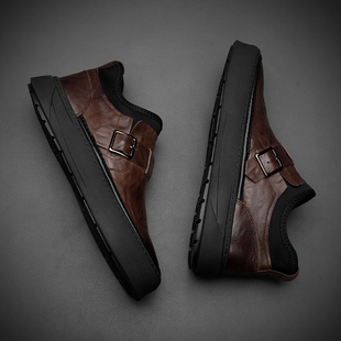 高级感真皮休闲皮鞋男士复古擦色板鞋百搭透气潮鞋懒人一脚蹬男鞋