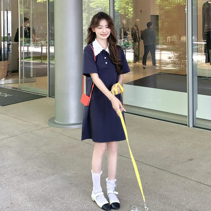 藏青色设计感翻领拼接连衣裙女夏法式复古小个子甜美减龄修身