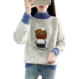 毛衣女秋冬百搭学院风宽松少女高中初中学生加绒加厚半高领打底衫