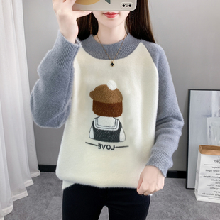 毛衣女秋冬学院风初中高中学生大童一体加绒加厚中领水貂绒打底衫