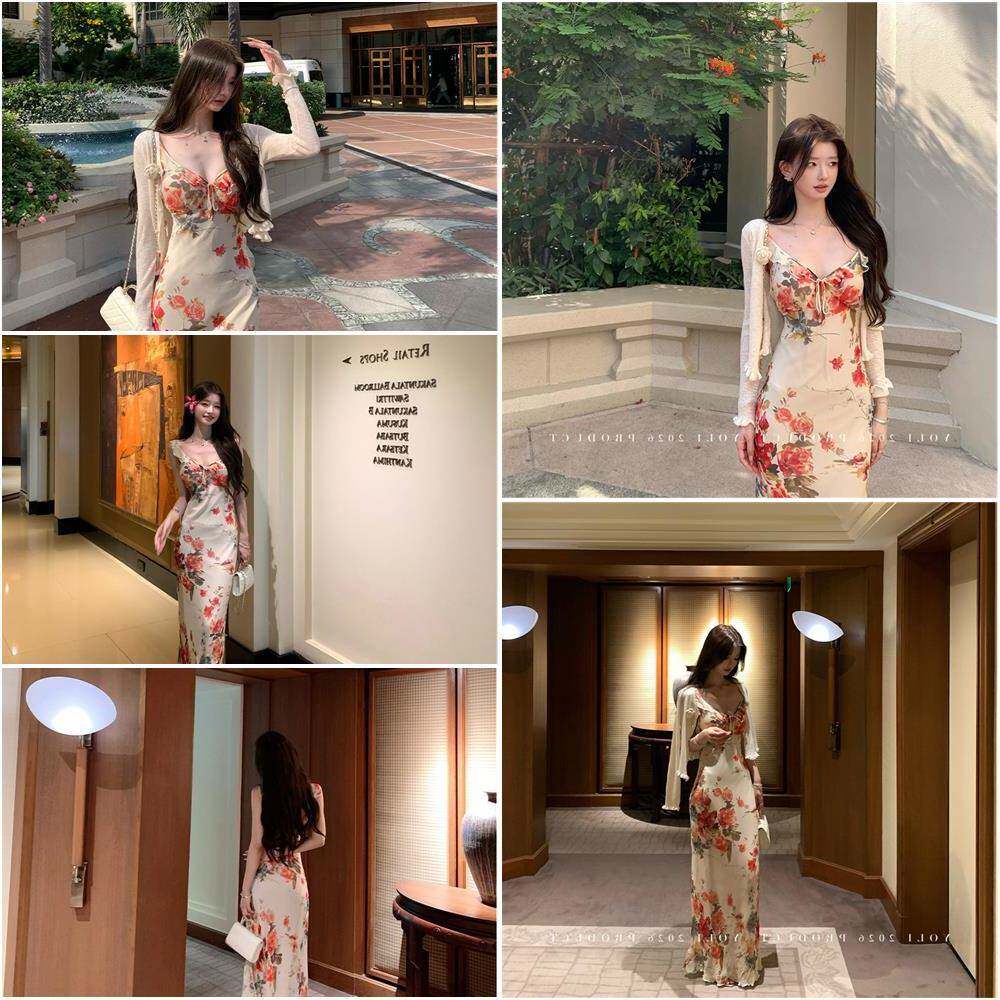 YOLI 张宥利 落日玫瑰 黄色V领印花连衣裙女春温柔风修身显瘦长裙