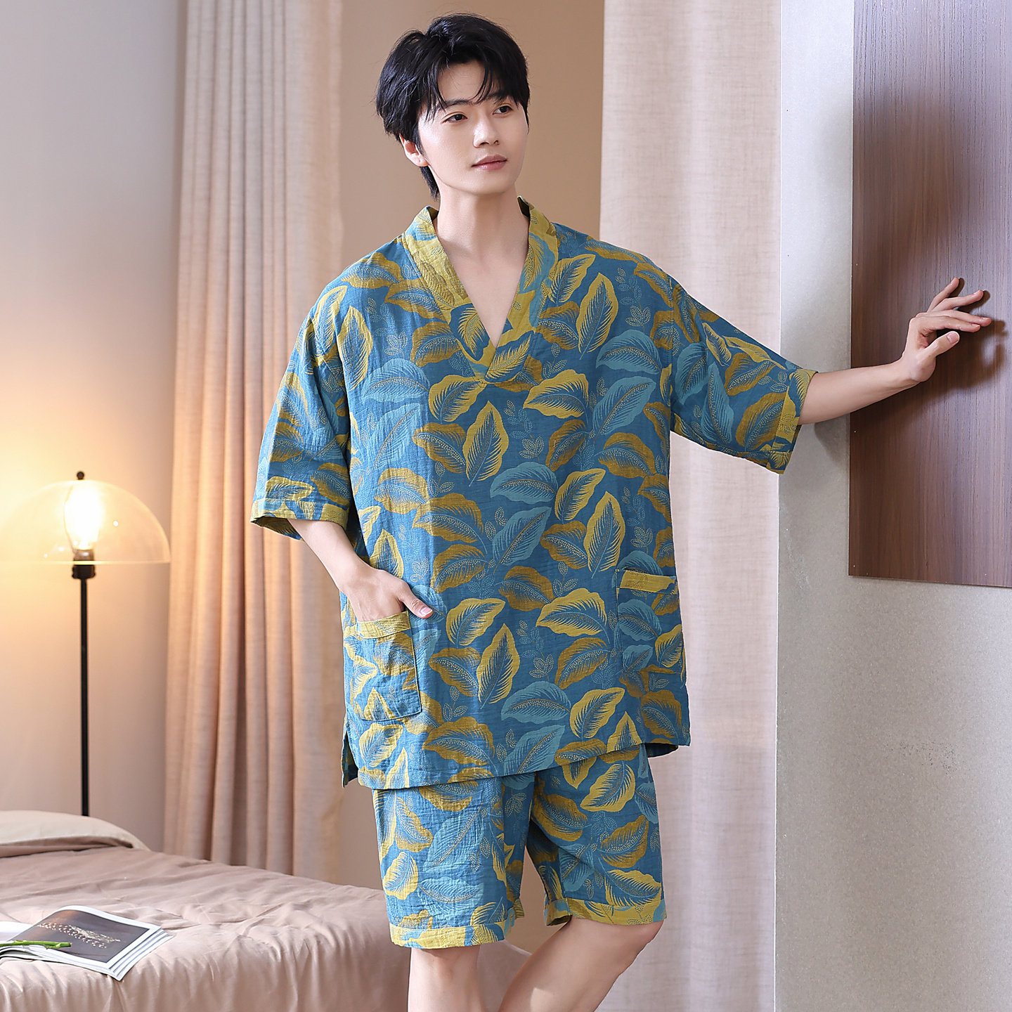 纯棉汗蒸服男士双层纱布吸水2026新款桑拿服夏季短袖短裤睡衣套装