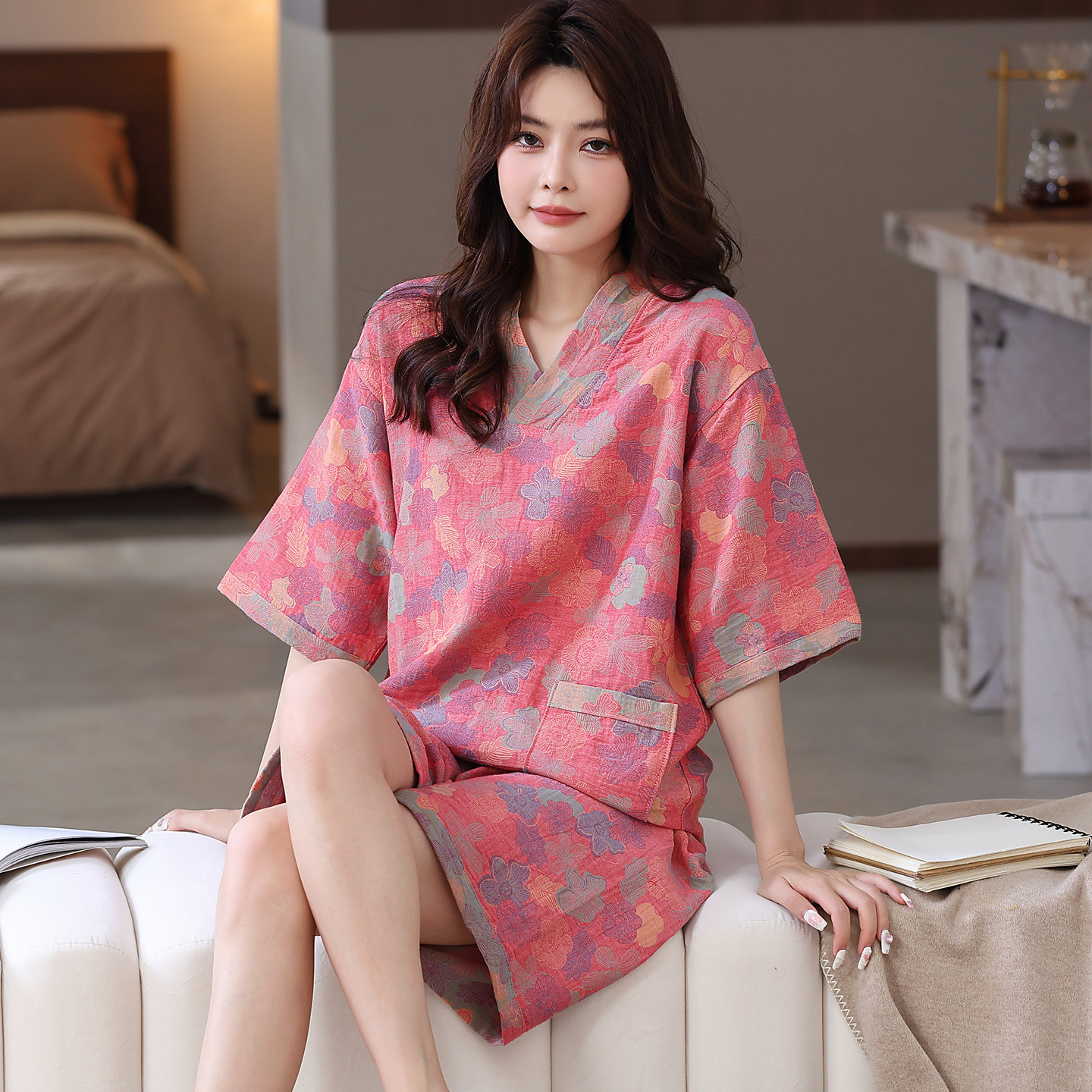 纯棉汗蒸服女士双层纱布吸水2026新款粉色桑拿服夏季短袖睡衣套装