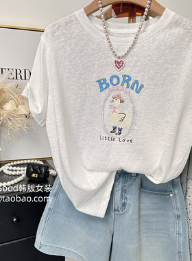 清爽夏日~韩系时尚串珠小鸭宽松显瘦薄款雪花棉t恤女短袖夏季上衣