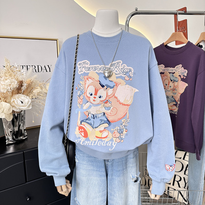 自留巨好看推荐~纸袋家减龄卡通拔染印花宽松慵懒风卫衣女秋纯棉