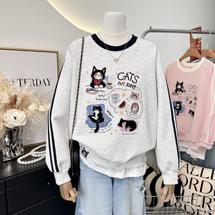 春款2026新款韩系时尚立体刺绣小猫宽松慵懒风假两件卫衣女薄款