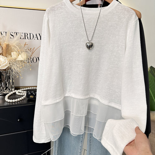 2026春季新款韩国净版时尚双层网纱拼接宽松雪花棉t恤女白色薄款