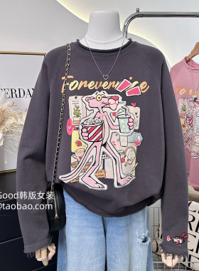 洋气卷边粉豹自留款~金喜纸袋家时尚无感印花宽松纯棉套头卫衣女