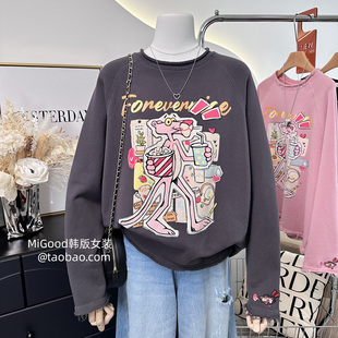 洋气卷边粉豹自留款~金喜纸袋家时尚无感印花宽松纯棉套头卫衣女