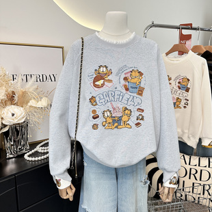 韩国东大门重工刺绣卡通减龄宽松慵懒风拼色假两件卫衣女2026春装